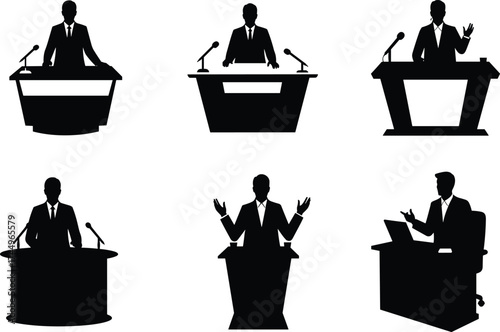 PrintPublic speaking silhouette, podium speaker, business presentation, leadership communication, 