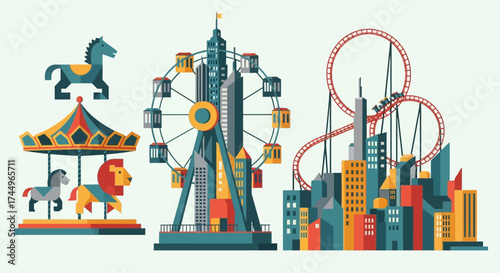 Vibrant Amusement Park Illustration with Carousel, Ferris Wheel, and Roller Coaster.