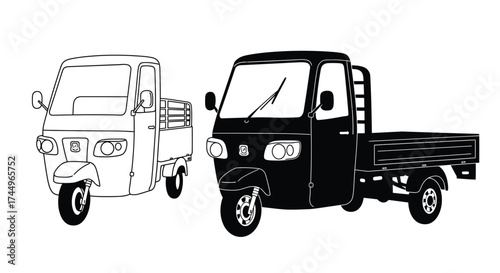 Simple illustration of two three wheeled auto rickshaws in black and white