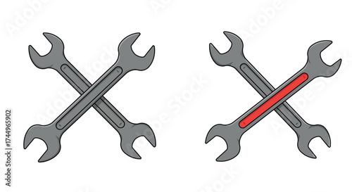 Two sets of crossed wrenches one with a red stripe illustrated design