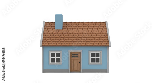 Fotografie Isolated light blue house with terracotta roof, two windows, and a wooden front
