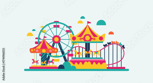 Vibrant Amusement Park Scene with Ferris Wheel, Carousel, and Roller Coaster.