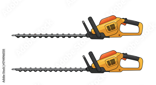 Two orange and black electric hedge trimmers isolated on a white background