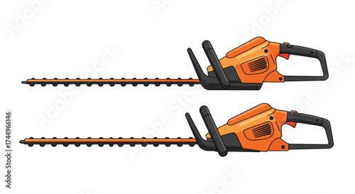 Two orange and black cordless electric hedge trimmers isolated on white background