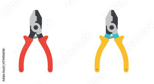 Two pairs of pliers with different colored handles are displayed