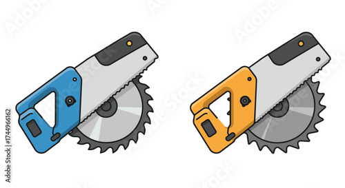 Cartoon illustration of two hand saws one blue and one yellow