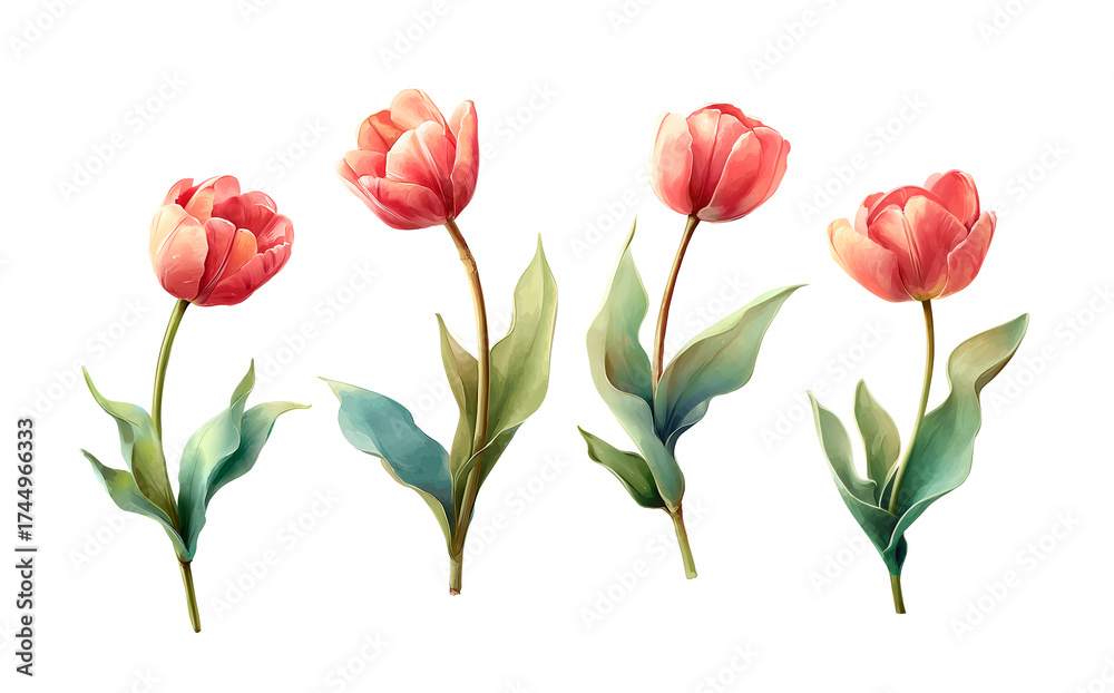 Obraz premium Watercolor tulip flowers set. Red and pink tulips with green leaves. Spring floral clipart isolated on white