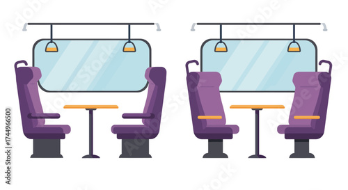 A simple illustration of two chairs and tables facing each other