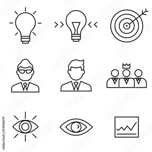 Leadership and business line icons set: idea, focus, target, team, vision, growth analytics, minimal.