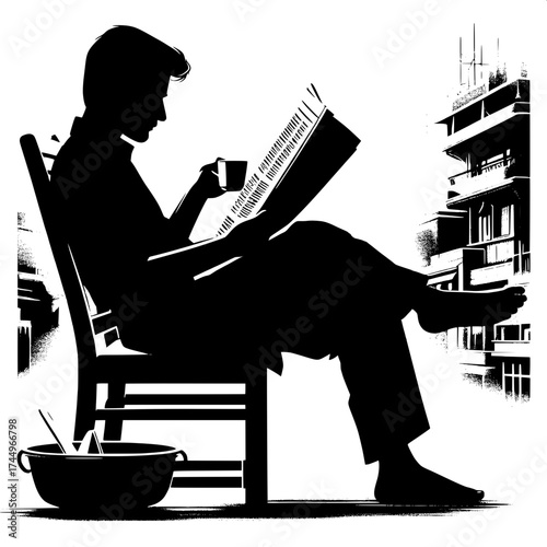 Black and White Vector Silhouette of a Man Sitting on Chair and Reading Newspaper