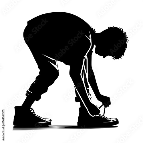 Black and White Vector Silhouette of a Boy Tying Shoelaces