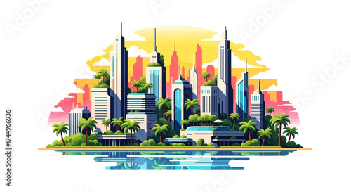 Vibrant Cityscape Illustration with Lush Greenery and Modern Architecture.