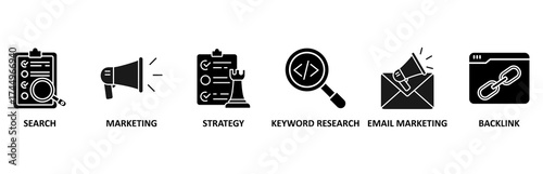 Seo marketing icon set vector illustration for search, marketing, strategy, keyword research, email marketing, backlink