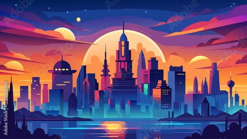 Very beautiful Dreamy, blurred cityscape silhouette against a vibrant orange and blue sunset sky. Evokes serenity, potential, and urban beauty. Ideal for backgrounds, websites, or creative projects