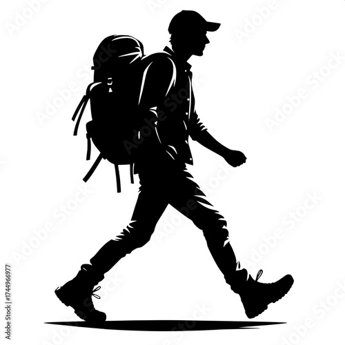 Black and White Vector Silhouette of a Man Carrying Backpack While Walking