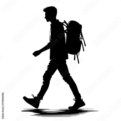 Black and White Vector Silhouette of a Man Carrying Backpack While Walking