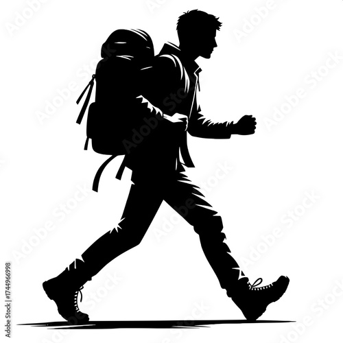 Black and White Vector Silhouette of a Man Carrying Backpack While Walking