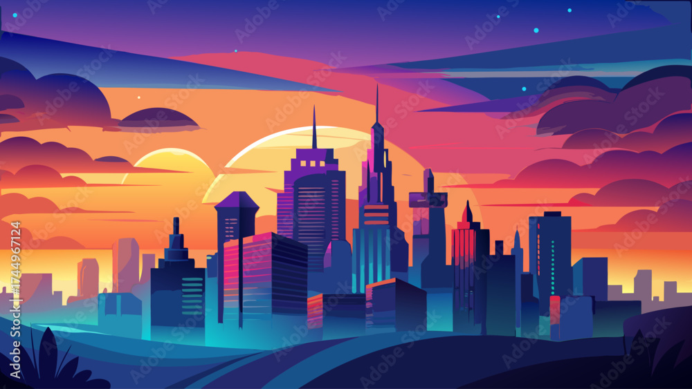 Fototapeta premium Very beautiful Dreamy, blurred cityscape silhouette against a vibrant orange and blue sunset sky. Evokes serenity, potential, and urban beauty. Ideal for backgrounds, websites, or creative projects
