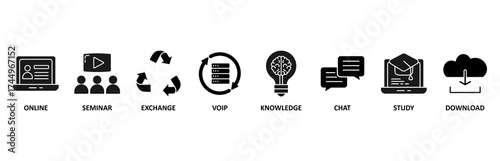 E-learning icon set vector illustration for online, seminar, exchange, voip, knowledge, chat, study and download
