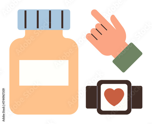 Hand pointing to smartwatch with heart icon, supplement bottle symbolizes health management. Ideal for wellness, fitness, self-care, diet, technology, healthcare, simple flat metaphor