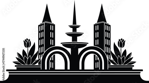 Stylized silhouette of a city skyline with a fountain and floral accents