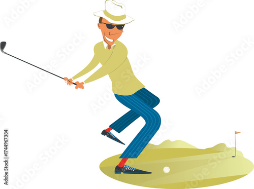 Golf course. Golfer in the hat and sunglasses aiming to do a good shot