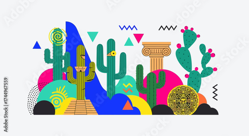 Vibrant Desert Landscape with Cacti and Abstract Elements.