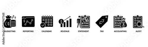 Fiscal year icon set vector illustration for budgeting, reporting, calendar, revenue, statement, tax, accounting, audit