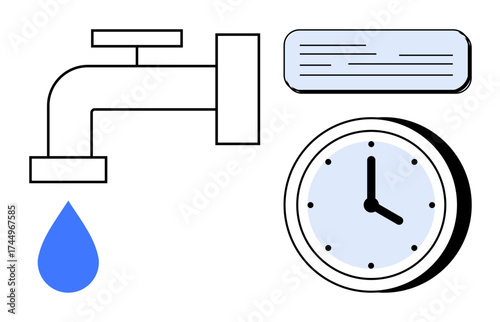 Water droplet from faucet, clock displaying time, and closed book. Ideal for sustainability, time management, resource efficiency, education, conservation daily routine. Simple flat metaphor