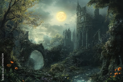 Overgrown ancient castle ruins under a full moon with misty atmosphere image