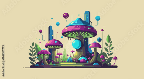 Vibrant futuristic mushroom city with glowing orbs and plants.