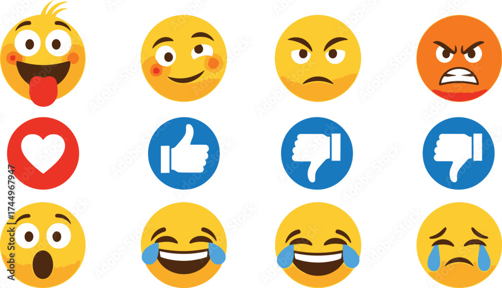 Fototapeta premium Collection of diverse emoji faces expressing a range of emotions and reactions.