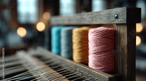 Colorful sewing needles and threads with spools and fabric for tailoring and embroidery crafts
