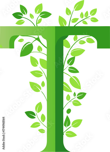  The letter T made from leafy greens or sprouts. silhouette vector icon , white background 