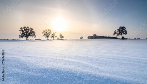 Snow-covered landscape with smooth undisturbed surface silhouetted trees and low sun in clear sky for editorial nature photography winter serenity and seasonal minimalism-themed visuals