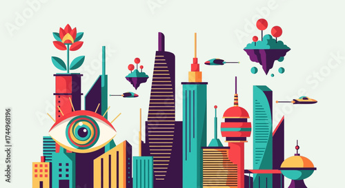 Vibrant Illustration of a Futuristic City with a Giant Eye.