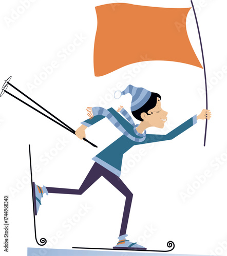 Winter sport. Winner. Young skier woman holding a flag. Isolated on white background