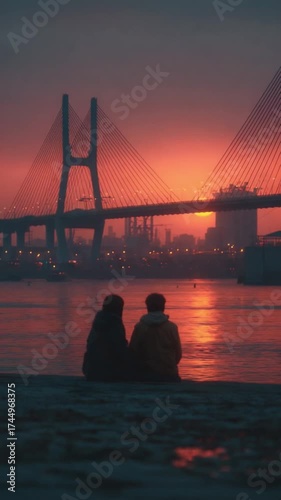 Sunset Bridge: Capturing a moment of serene intimacy, the silhouette of a couple embraces the breathtaking vista of a bridge silhouetted against the warm.