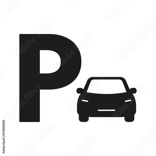 Parking Area With Car Solid Icon. Car Parking, Parking Facility, And Vehicle Storage Silhouette Symbol. Auto Management And Roadside Assistance. Isolated Vector Illustration