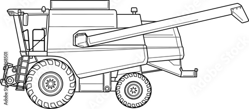 Detailed outline illustration of a combine harvester on a white background