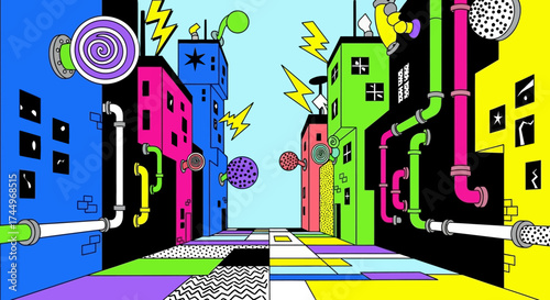 Vibrant Psychedelic Cityscape with Abstract Elements and Patterns.