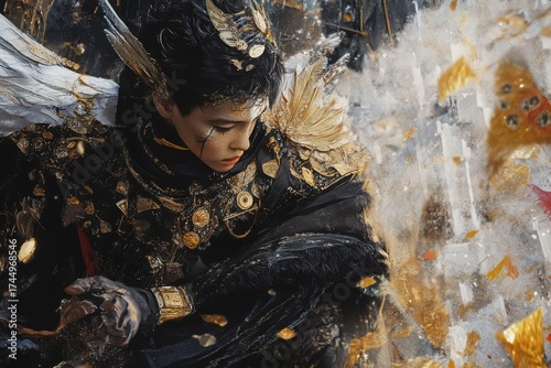 Young man in ornate black and gold armor with feathered wings looking down image