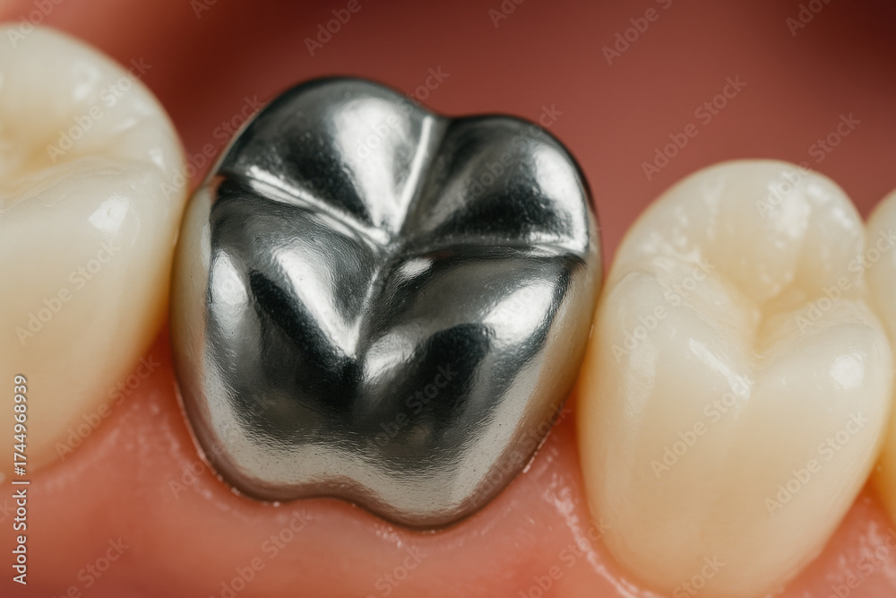Fototapeta premium Close up of shiny silver dental crown among natural white teeth macro medical photography oral health care concept