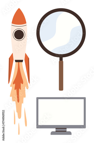 Rocket blasting off, magnifying glass, and computer monitor illustrating discovery, analysis, progress, innovation, technology, science and research. Ideal for startups education exploration