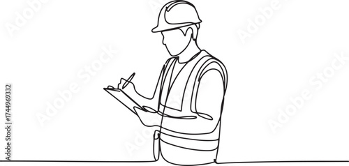 Continuous Line Drawing of Construction Worker with Clipboard