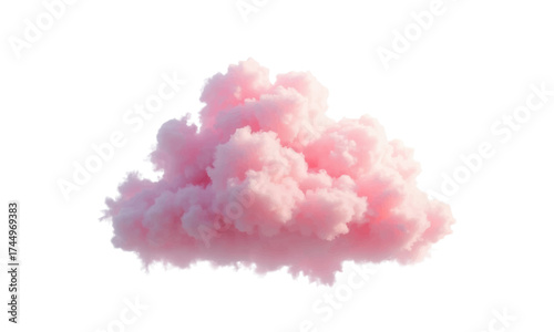 Pink cloud in soft 3d style, dreamy fluffy cotton shape isolated on white background. Abstract pink 3d illustration with fantasy light, surreal atmosphere, romantic sky design, pastel magic mood