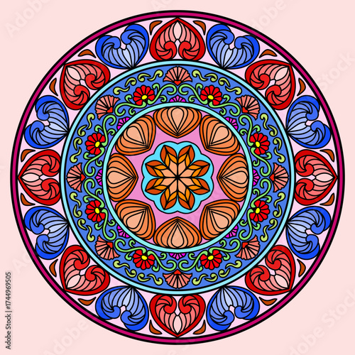 oriental mandala motif on pink, bright colour, Vintage decorative elements. Oriental pattern, vector illustration. Islam, Arabic, Indian, Moroccan, Spain, Turkish, Pakistan, Chinese, mystic, ottoman