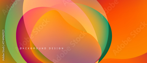 Abstract colorful layers create dynamic visual effect. Smooth gradients blend orange, green, pink hues. Modern design element.