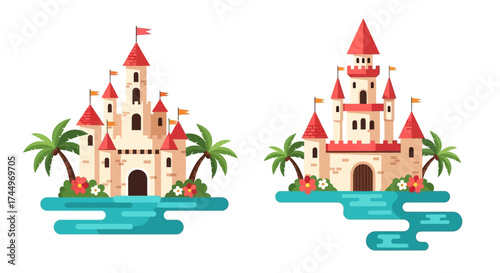 Whimsical Castles on Islands with Palm Trees - A Cartoon Fantasy.