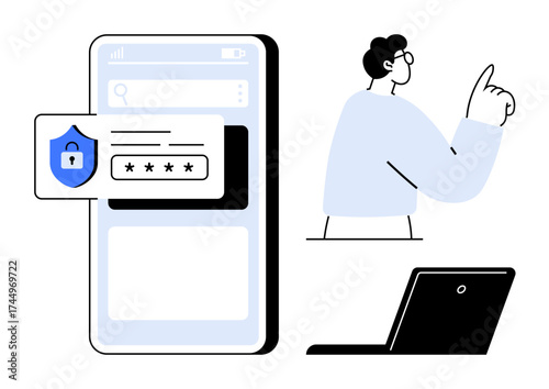 Smartphone with password input popup, shield icon for security, user raising finger, and laptop. Ideal for cybersecurity, data protection, authentication, privacy, online safety access control
